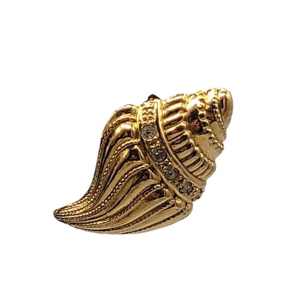 KjL Conch Shell Post Earrings Gold Tone For Avon Rhinestones Vintage 1980s - Picture 8 of 15